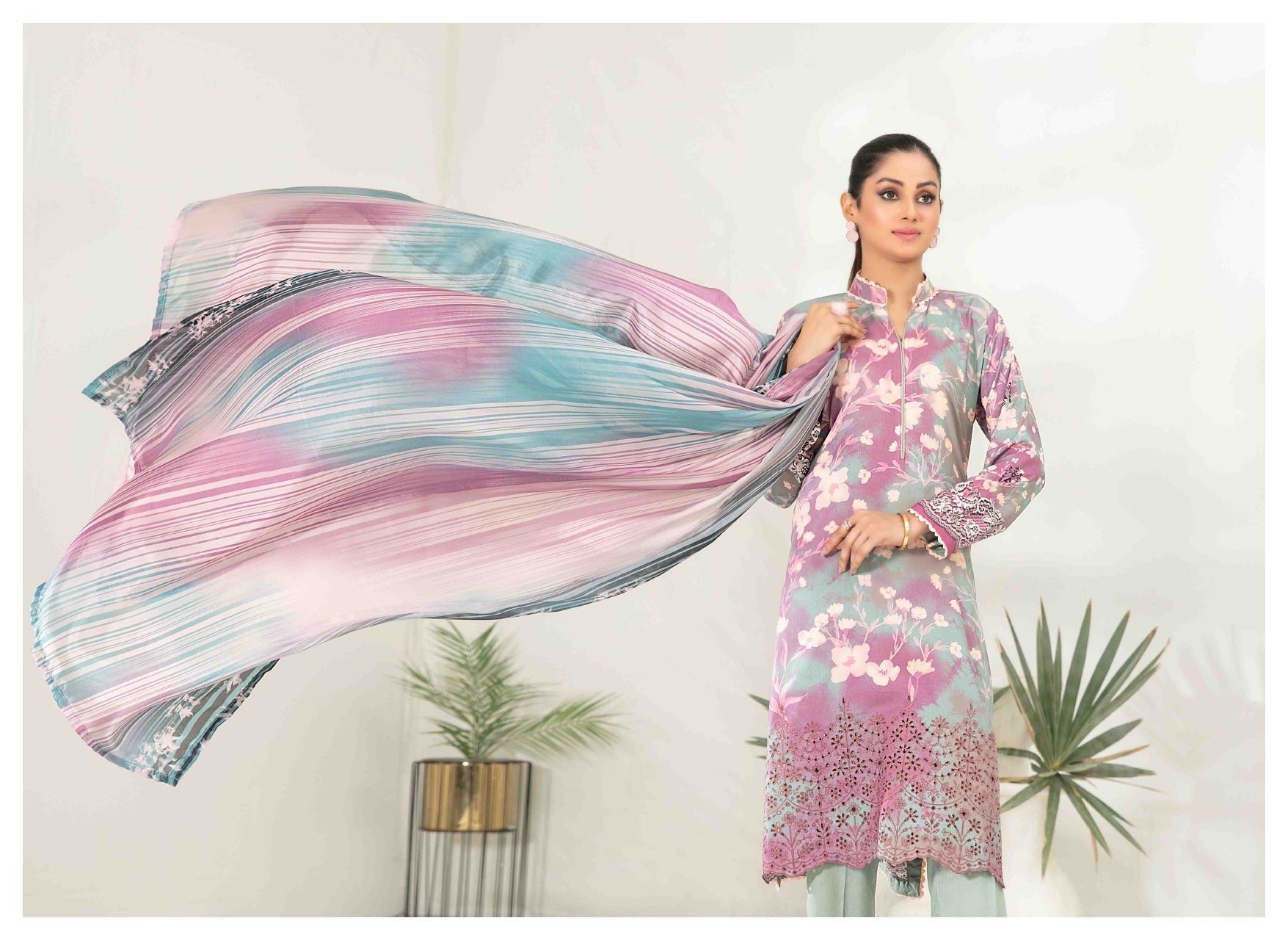 3Pc Stitched Embroidered Digital Printed Viscose Suit with Silk Dupatta