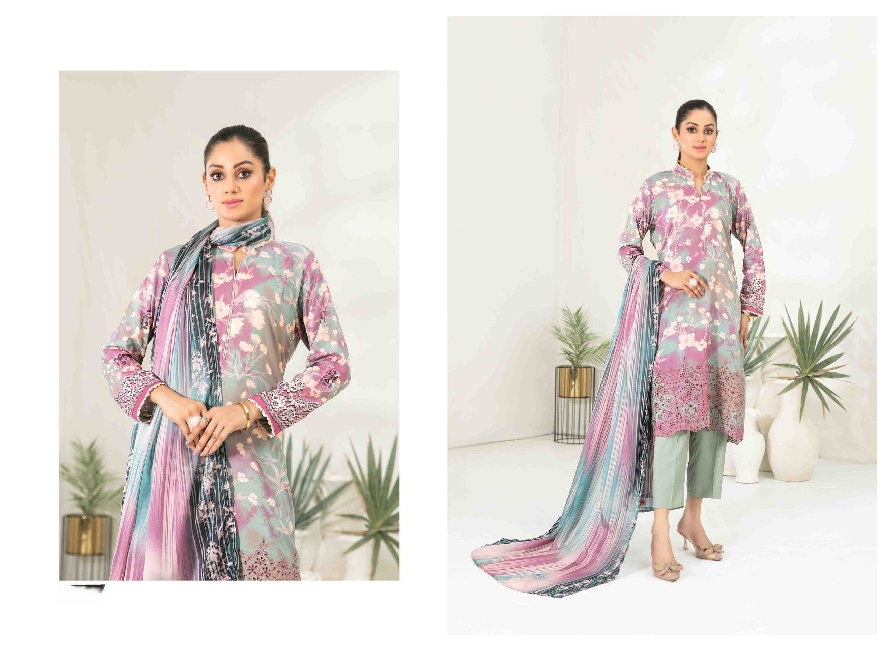 3Pc Stitched Embroidered Digital Printed Viscose Suit with Silk Dupatta