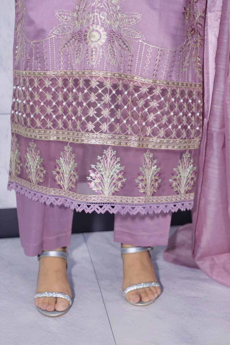 3-Piece Lilac Khadi Suit with Pearl and Zari Embroidery - Image 4