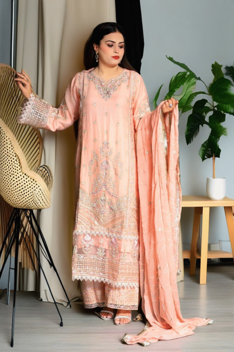 3-Piece Peach Crinkle Chiffon Suit with Embroidery, Pearls, and Stone Details