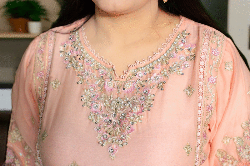 3-Piece Peach Crinkle Chiffon Suit with Embroidery, Pearls, and Stone Details - Image 3