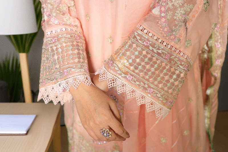 3-Piece Peach Crinkle Chiffon Suit with Embroidery, Pearls, and Stone Details - Image 2