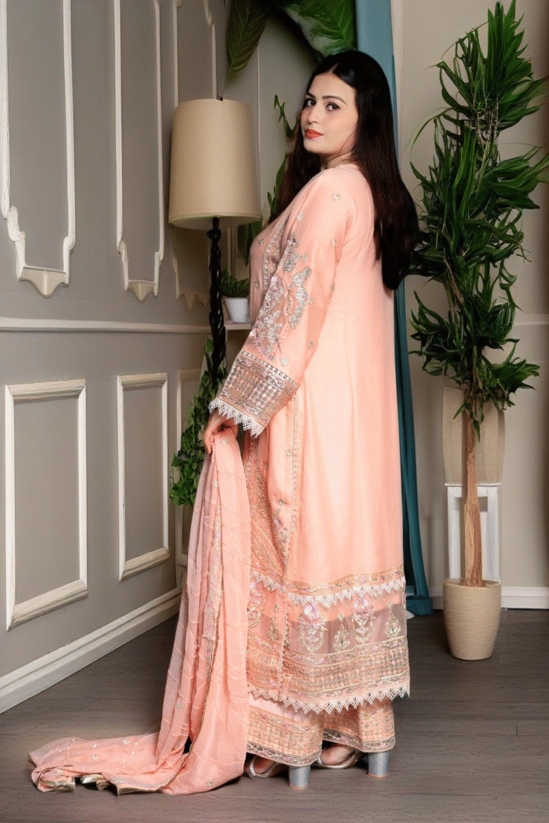 3-Piece Peach Crinkle Chiffon Suit with Embroidery, Pearls, and Stone Details - Image 5