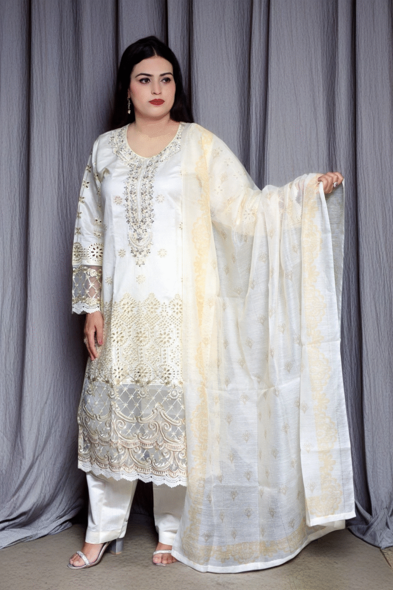 3-Piece Off-White Khadi Suit with Pearl, Stone, and Chikankari Embroidery