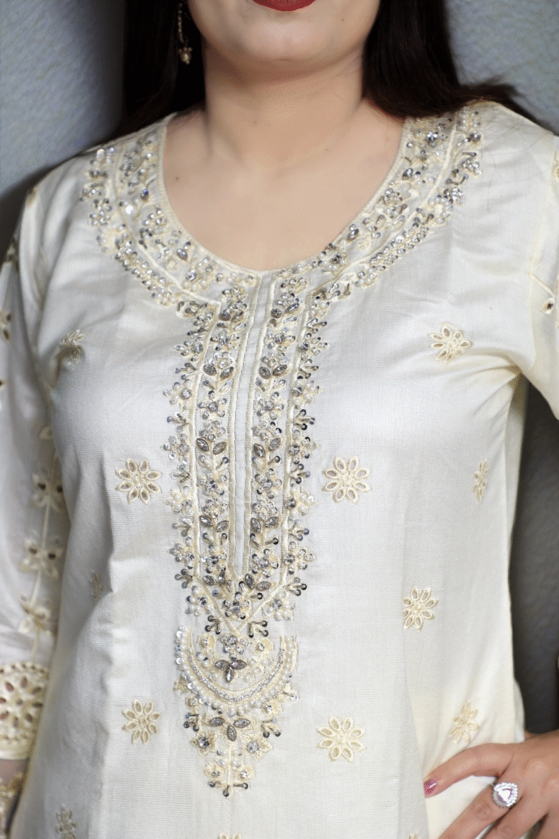 3-Piece Off-White Khadi Suit with Pearl, Stone, and Chikankari Embroidery - Image 3