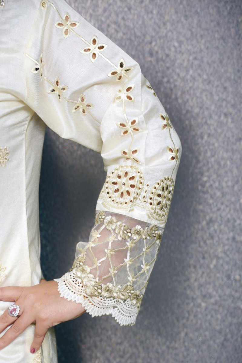 3-Piece Off-White Khadi Suit with Pearl, Stone, and Chikankari Embroidery - Image 2