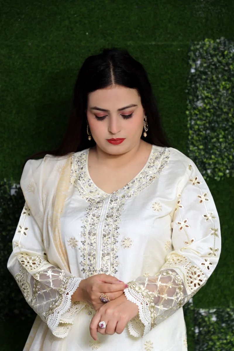 3-Piece Off-White Khadi Suit with Pearl, Stone, and Chikankari Embroidery - Image 4
