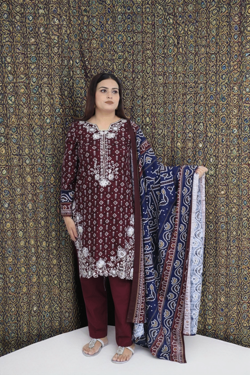 3-Piece Embroidered Khadar Suit with Printed Dupatta