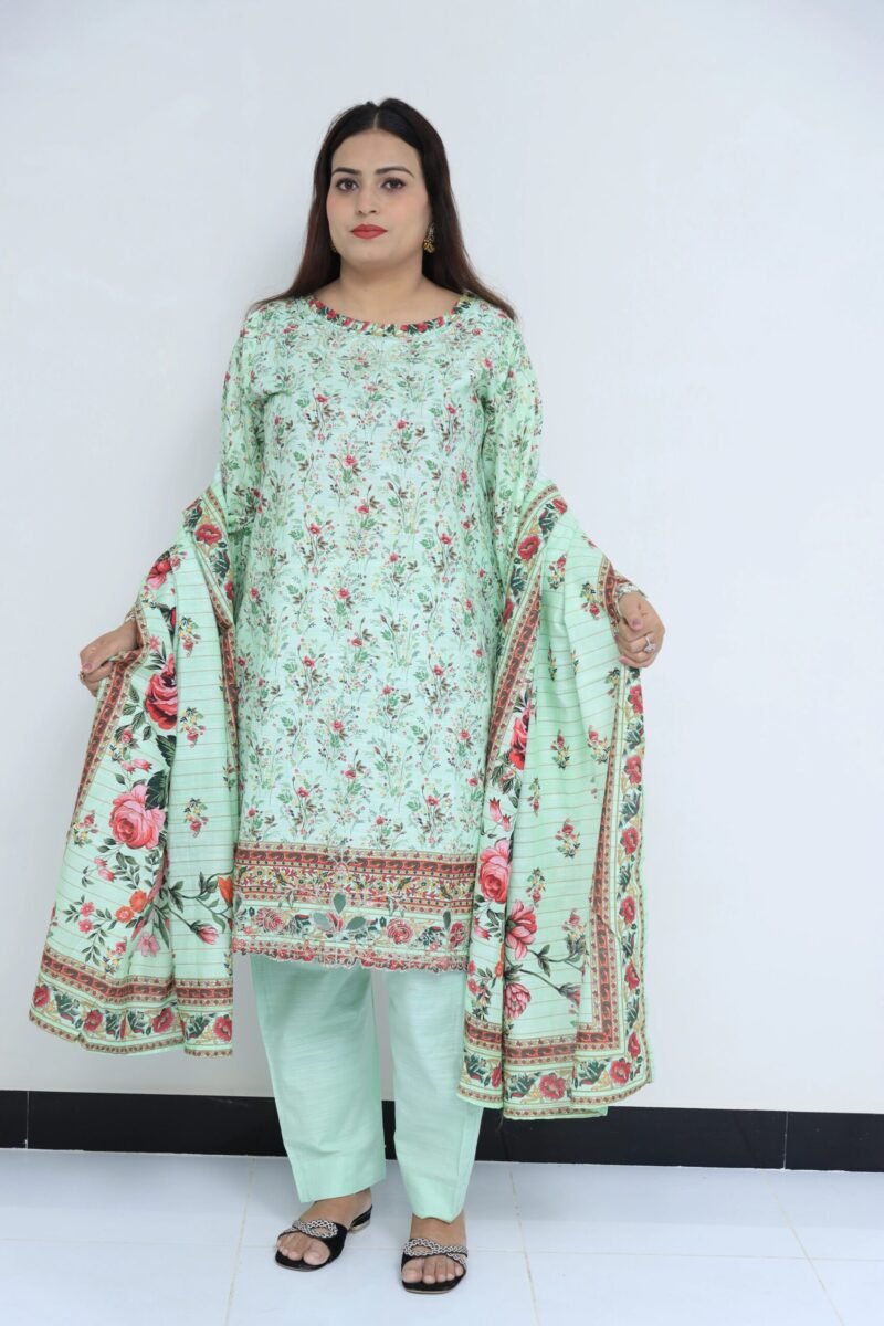 3-Piece Embroidered Khadar Suit with Sequins, Cutwork, and Printed Dupatta