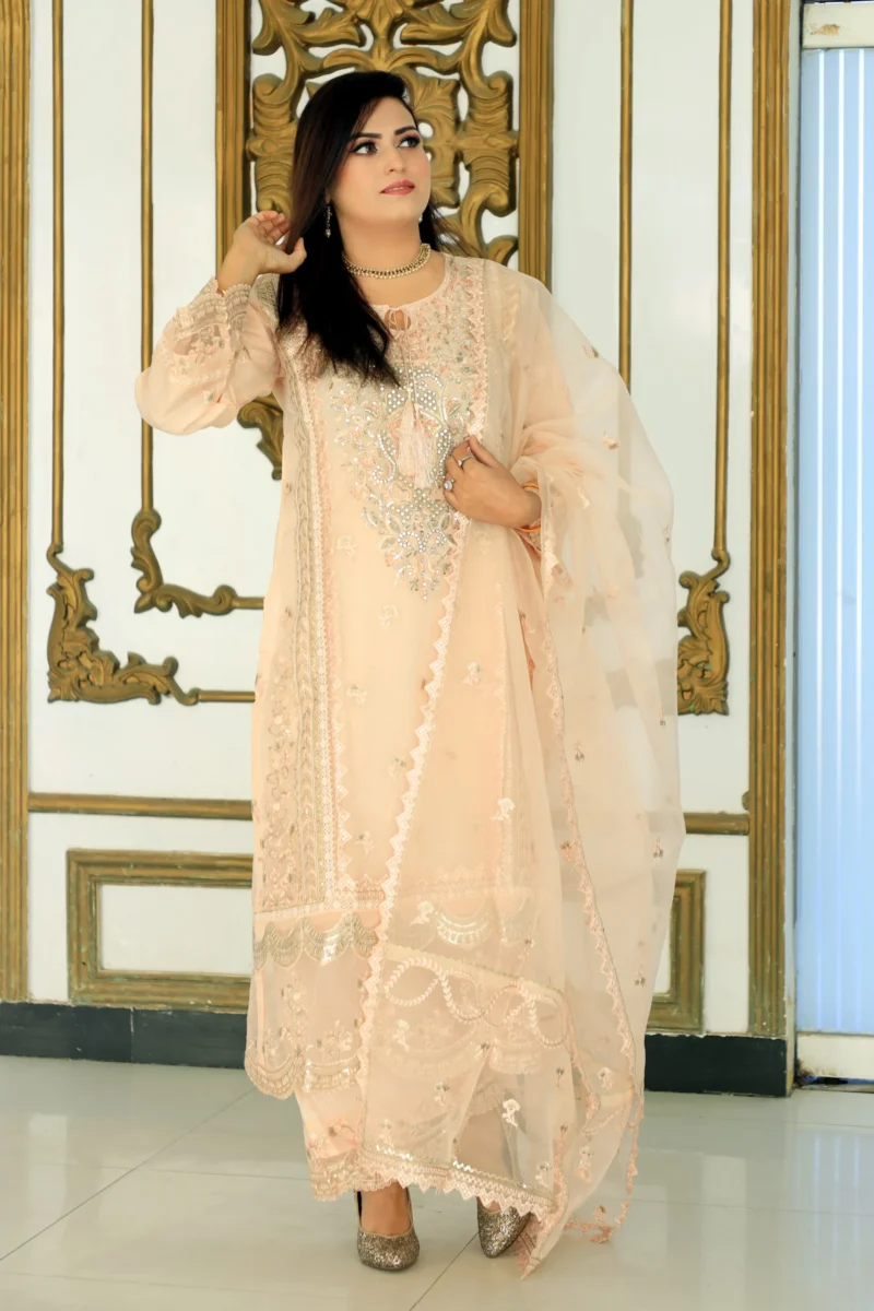 3-Piece Peach Organza Suit with Stone, Zari, and Sequins Embroidery