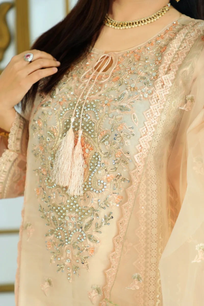 3-Piece Peach Organza Suit with Stone, Zari, and Sequins Embroidery - Image 2