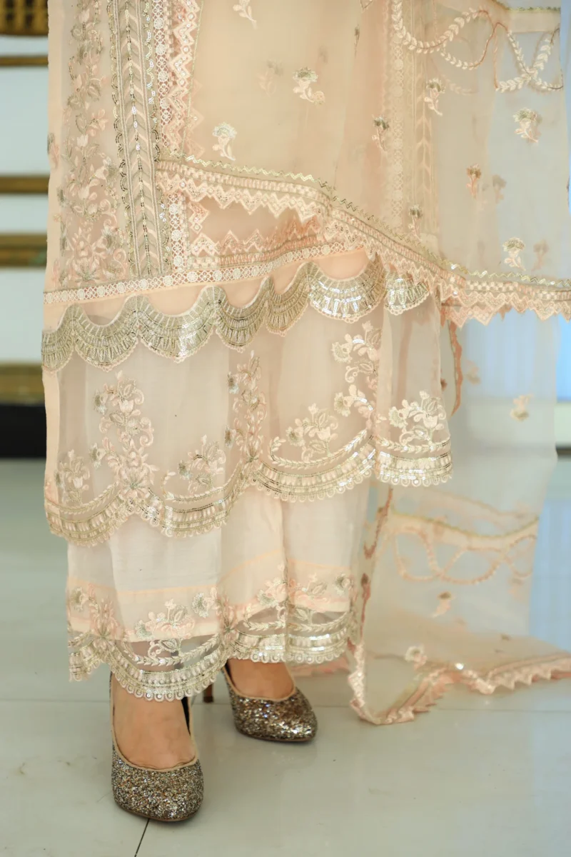 3-Piece Peach Organza Suit with Stone, Zari, and Sequins Embroidery - Image 4