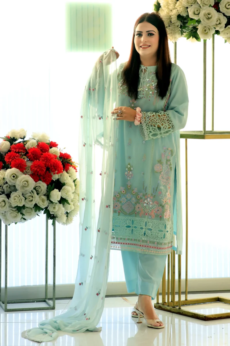 3-Piece Sea Green Chiffon Suit with Pearl and Embroidery Details