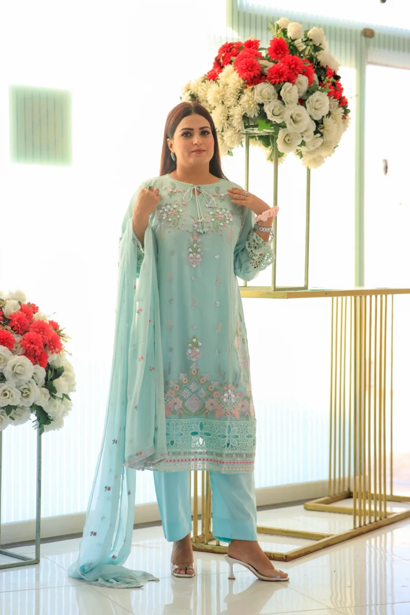 3-Piece Sea Green Chiffon Suit with Pearl and Embroidery Details - Image 3