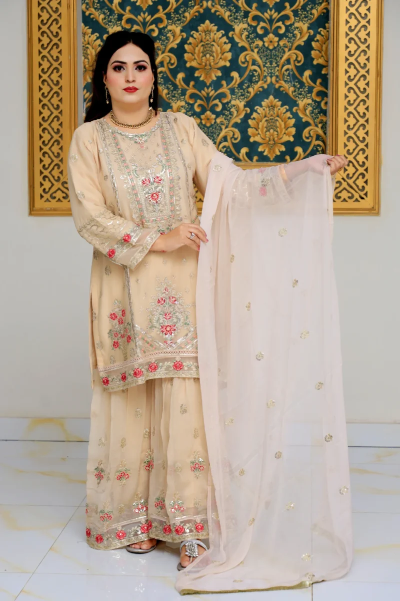 3-Piece Beige Chiffon Suit with Gharara, Zari, and Embroidery - Image 5