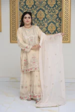 3-Piece Beige Chiffon Suit with Gharara, Zari, and Embroidery