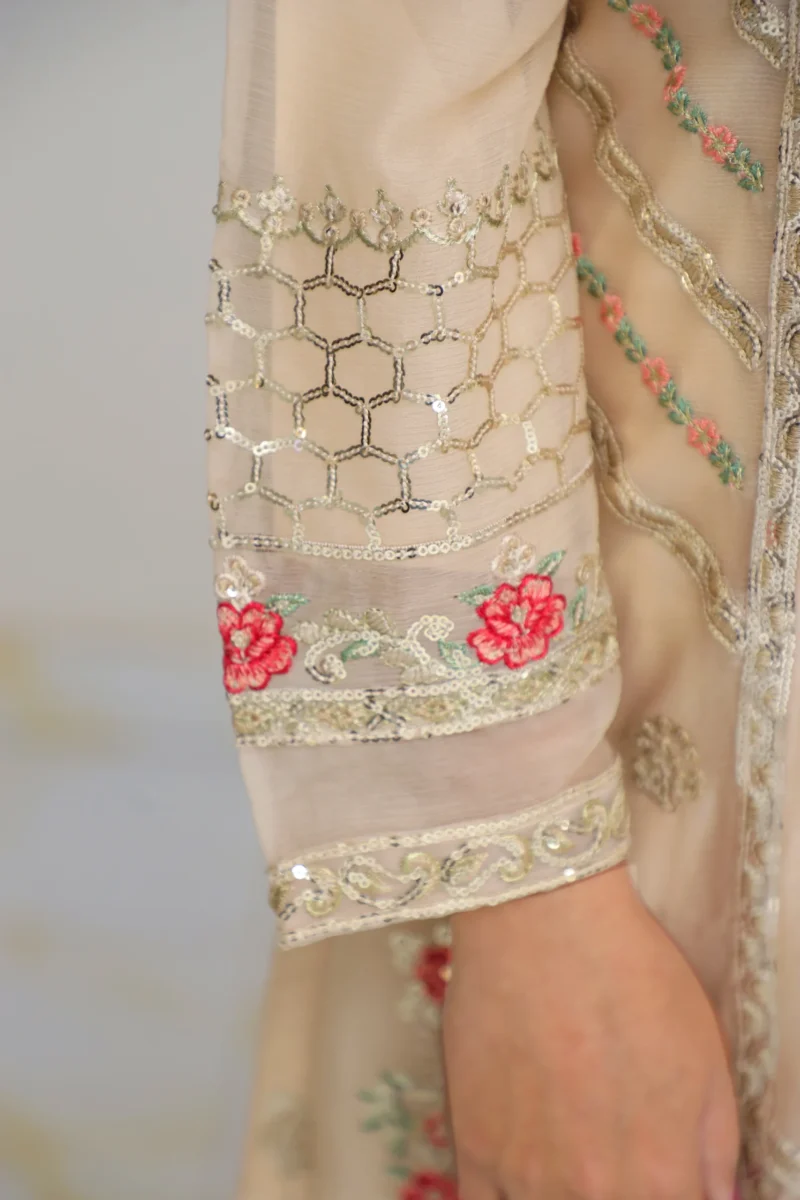 3-Piece Beige Chiffon Suit with Gharara, Zari, and Embroidery - Image 2