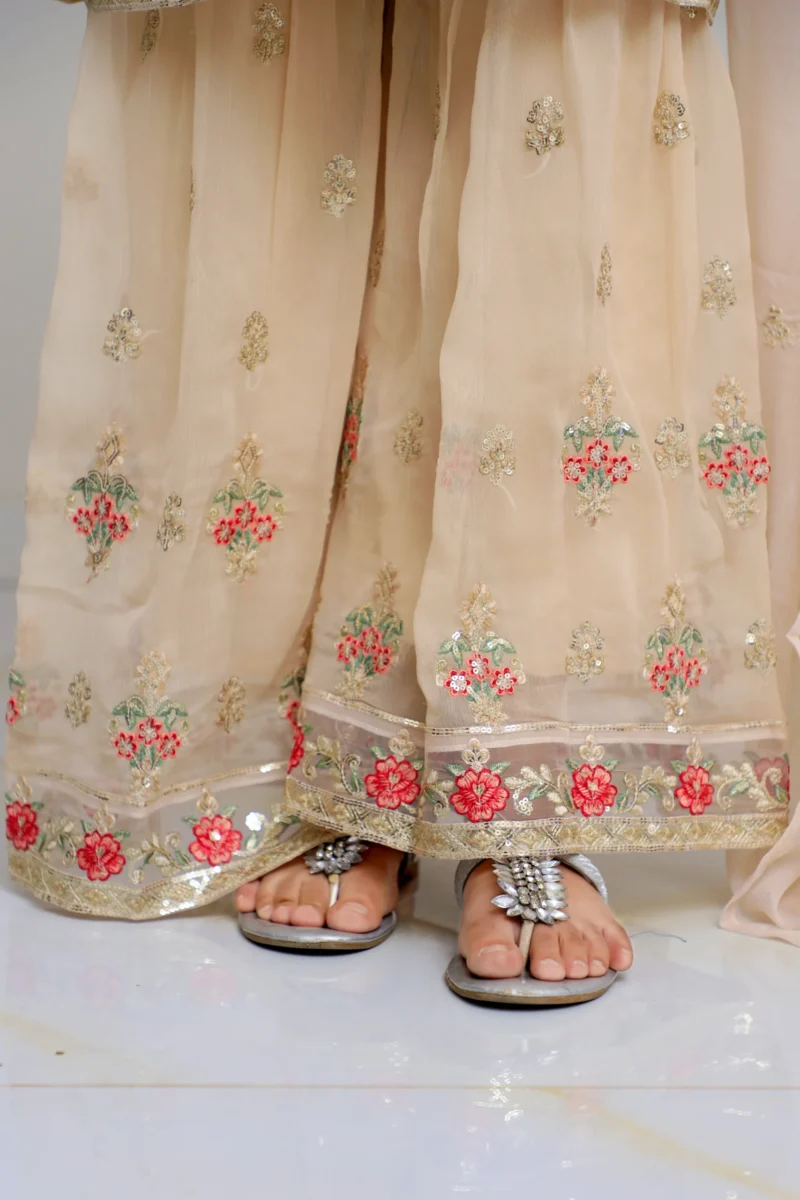 3-Piece Beige Chiffon Suit with Gharara, Zari, and Embroidery - Image 4