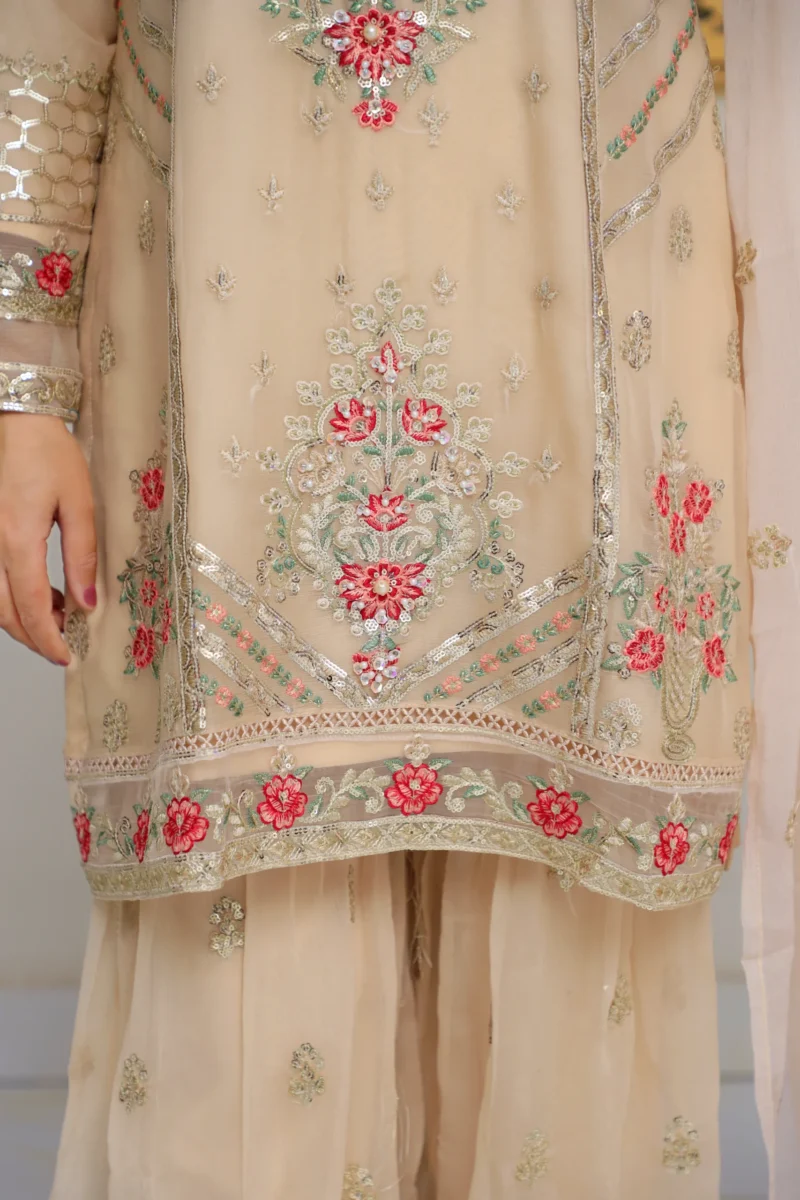 3-Piece Beige Chiffon Suit with Gharara, Zari, and Embroidery - Image 3