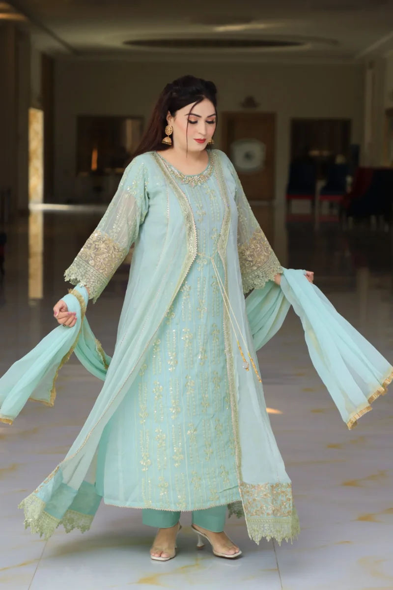 3-Piece Mint Green Crinkle Chiffon Maxi with Open Gown