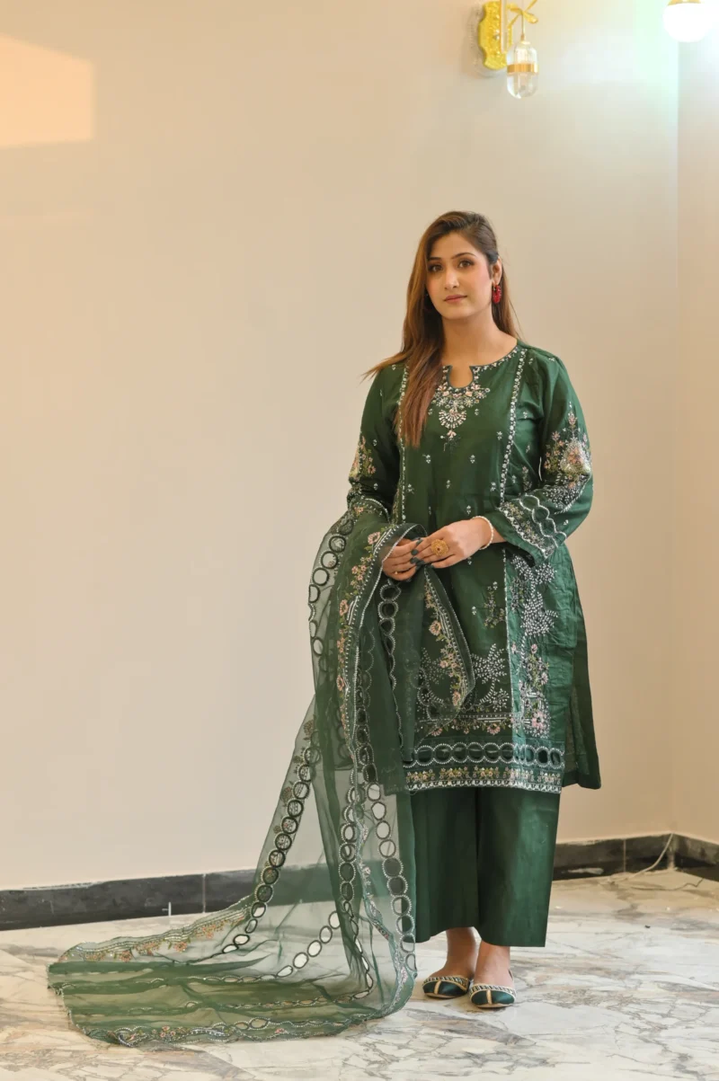 3-Piece Cotton Embroidered Suit – Bottle Green
