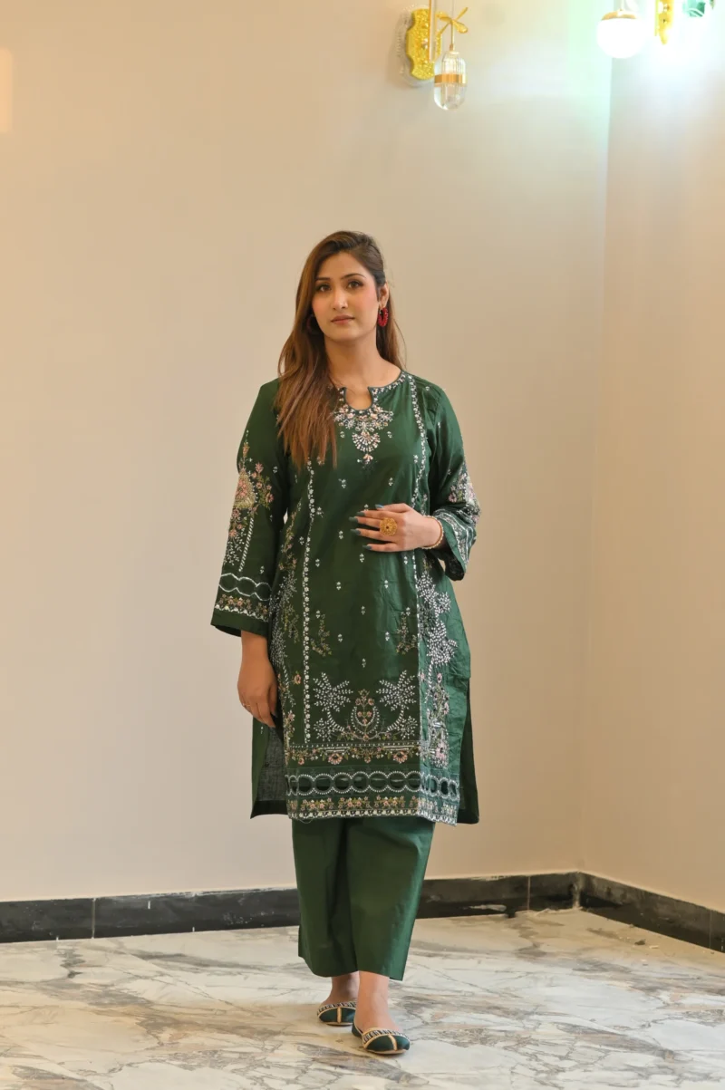 3-Piece Cotton Embroidered Suit – Bottle Green - Image 5