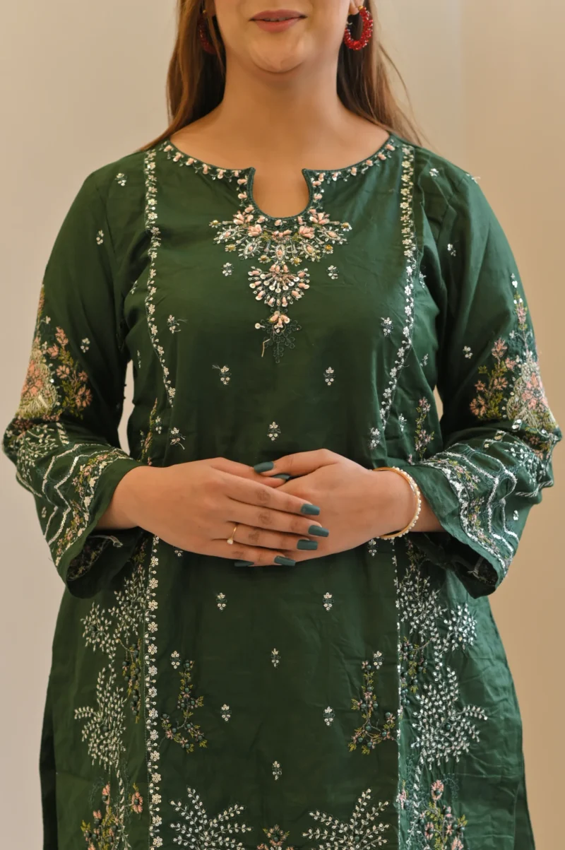 3-Piece Cotton Embroidered Suit – Bottle Green - Image 2