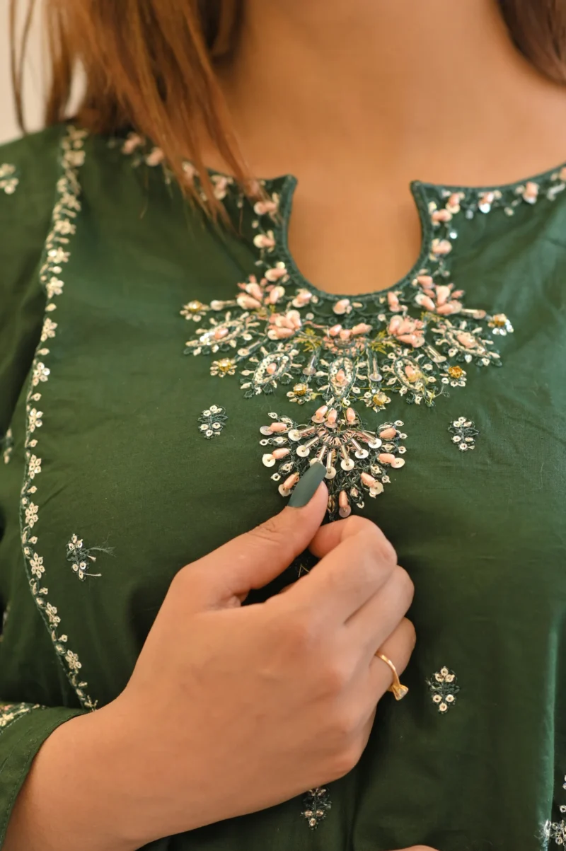3-Piece Cotton Embroidered Suit – Bottle Green - Image 4