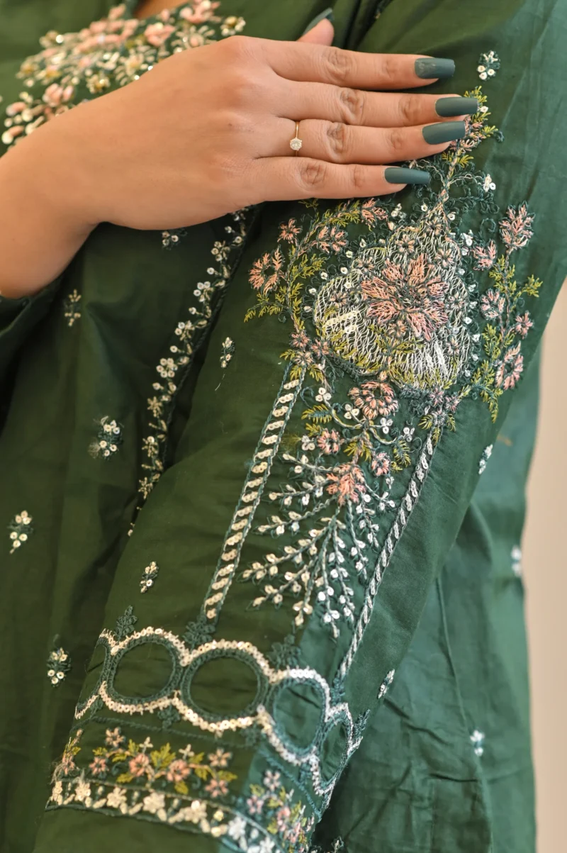 3-Piece Cotton Embroidered Suit – Bottle Green - Image 3