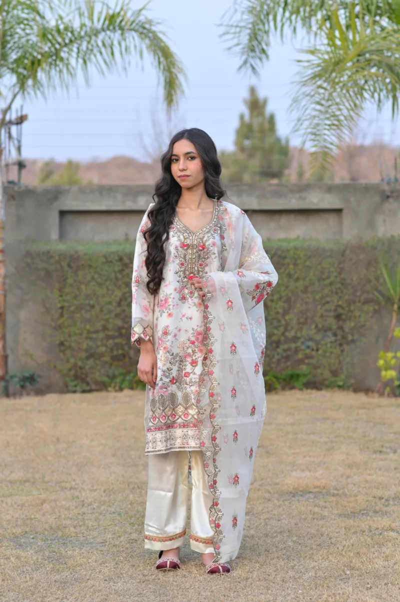 3-Piece Organza Embroidered Suit – White