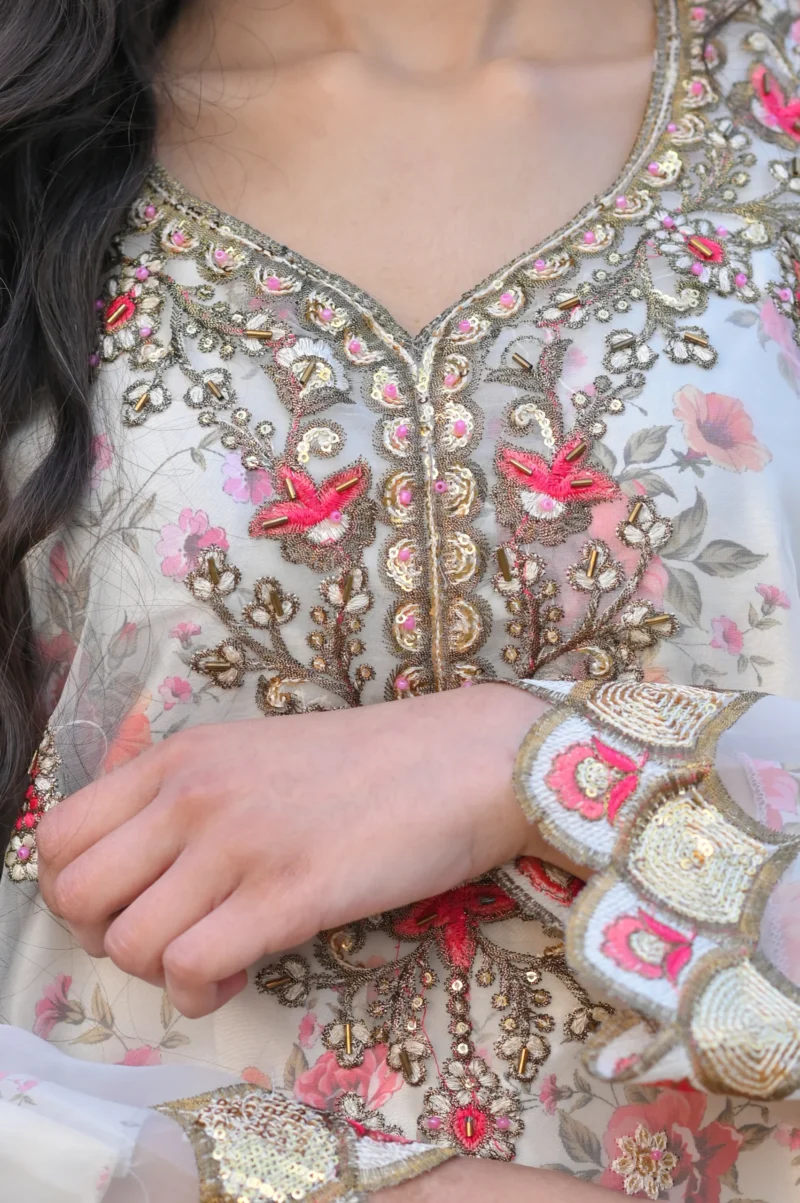 3-Piece Organza Embroidered Suit – White - Image 3