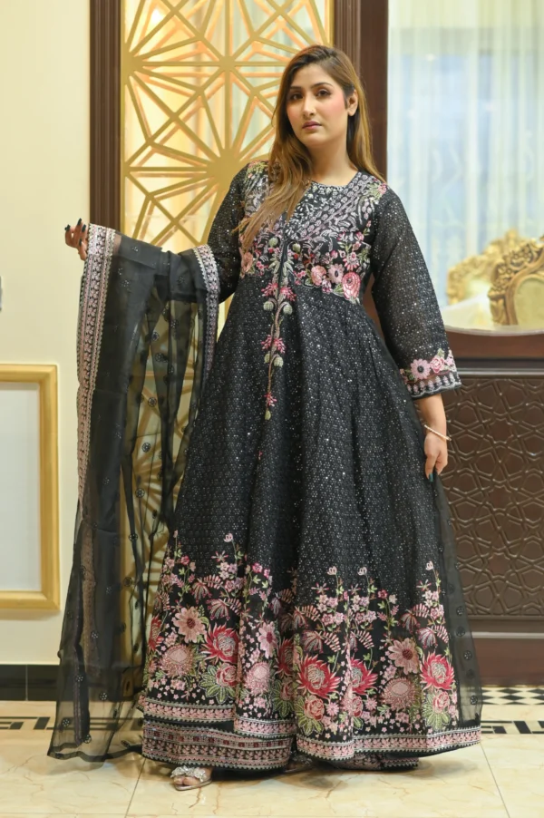 4-Piece Embroidered Open Gown Maxi Set – Black