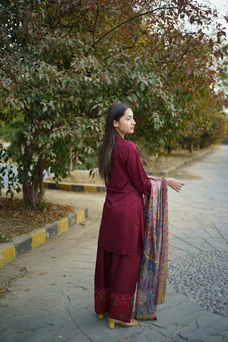 3-Piece Farshi Shalwar Suit – Maroon - Image 5