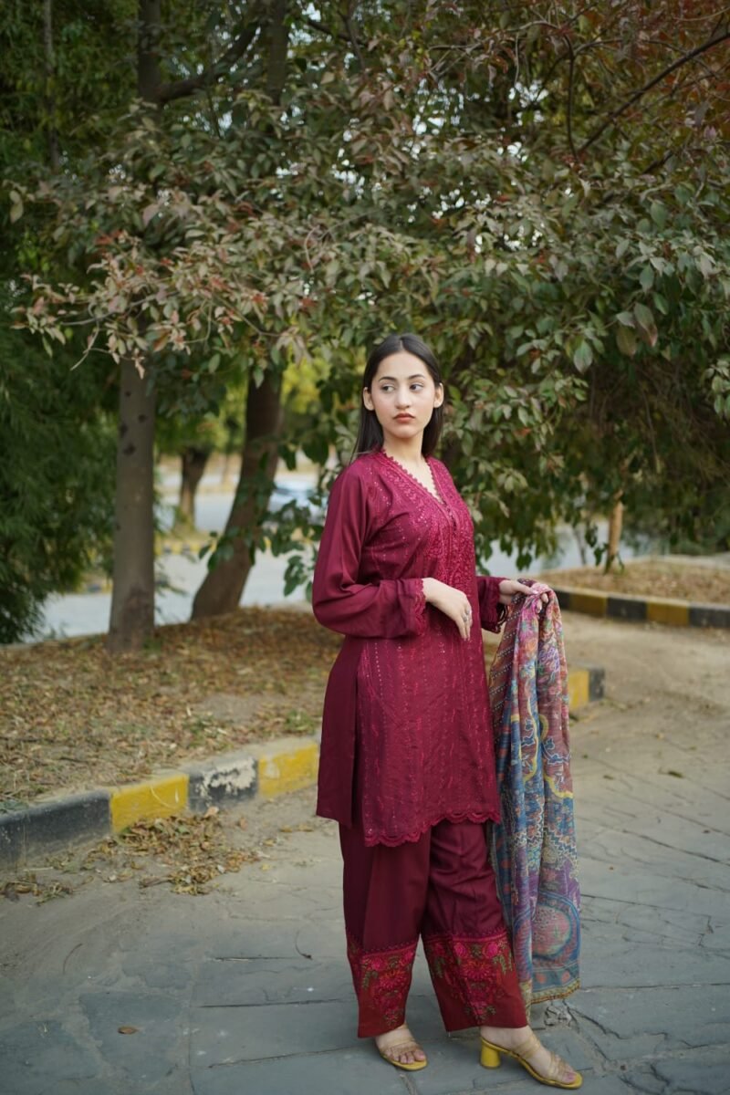 3-Piece Farshi Shalwar Suit – Maroon - Image 6