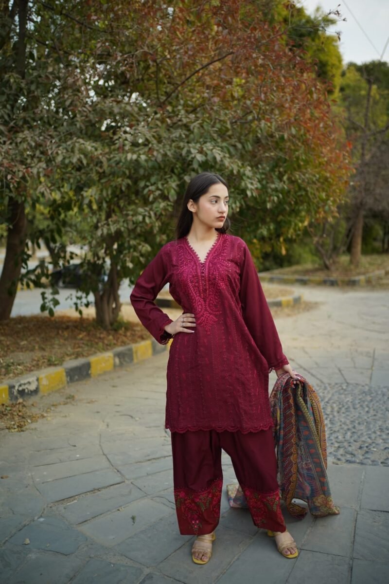 3-Piece Farshi Shalwar Suit – Maroon - Image 4