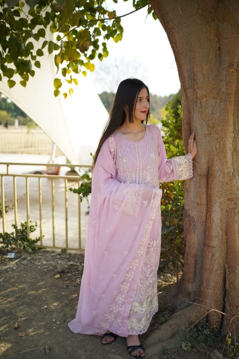 3-Piece Chiffon Embroidered Dress – Lilac - Image 5