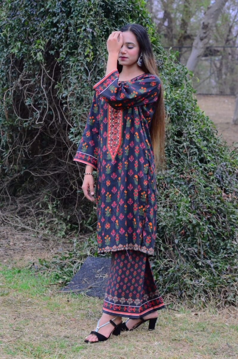 Elegant Black Floral 2-Piece Co-Ord Set with Mirror Neck Detail - Image 2