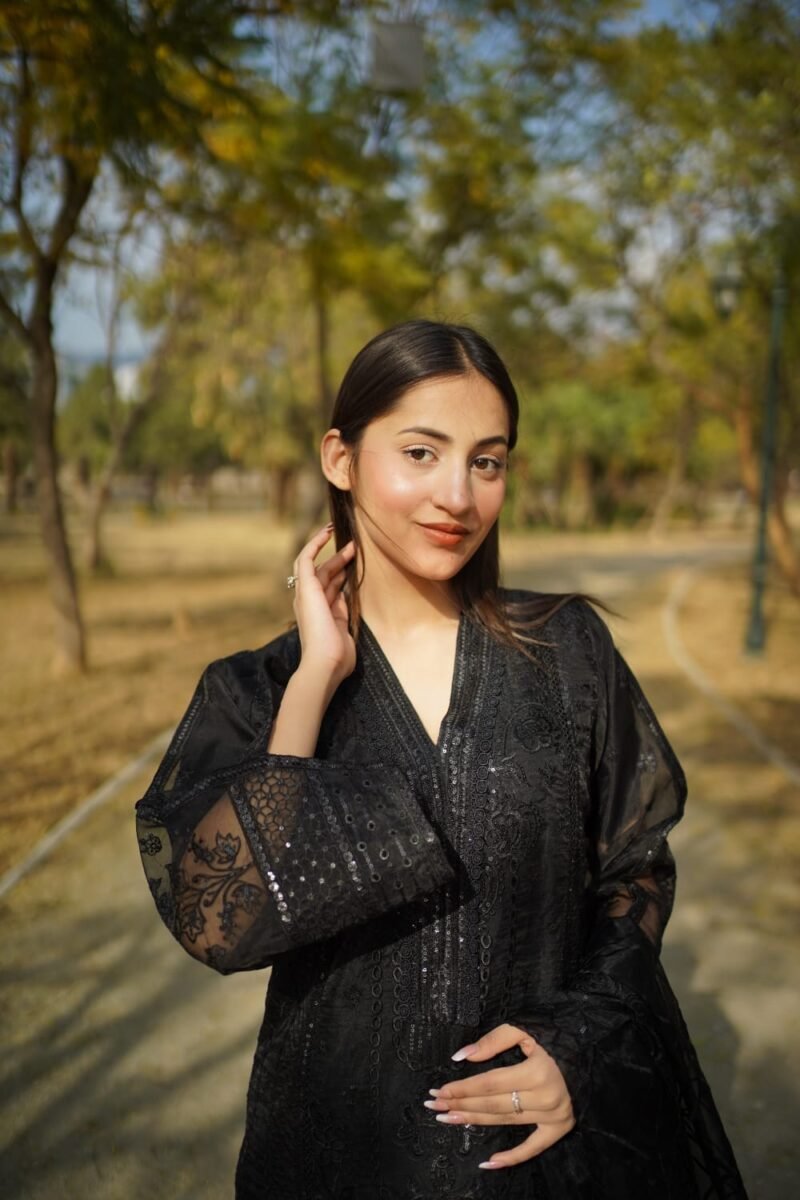 3-Piece Organza Dress with Black Embroidery and Sequins – Elegant Chikan Kari Set - Image 2