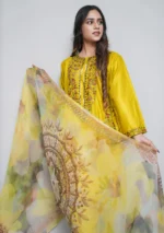 3-Piece Arabic Lawn Suit – Sunshine Yellow with Multicolor Embroidery & Chiffon Dupatta - Image 3