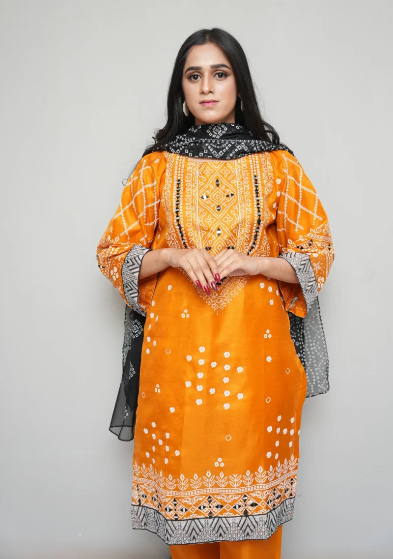 3-Piece Chunnri Set in Raw Silk – Radiant Orange with Mirror Work - Image 2