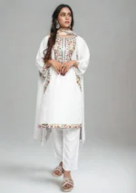 3-Piece Arabic Lawn Suit – White Elegance with Multicolor Embroidery & Chiffon Dupatta
