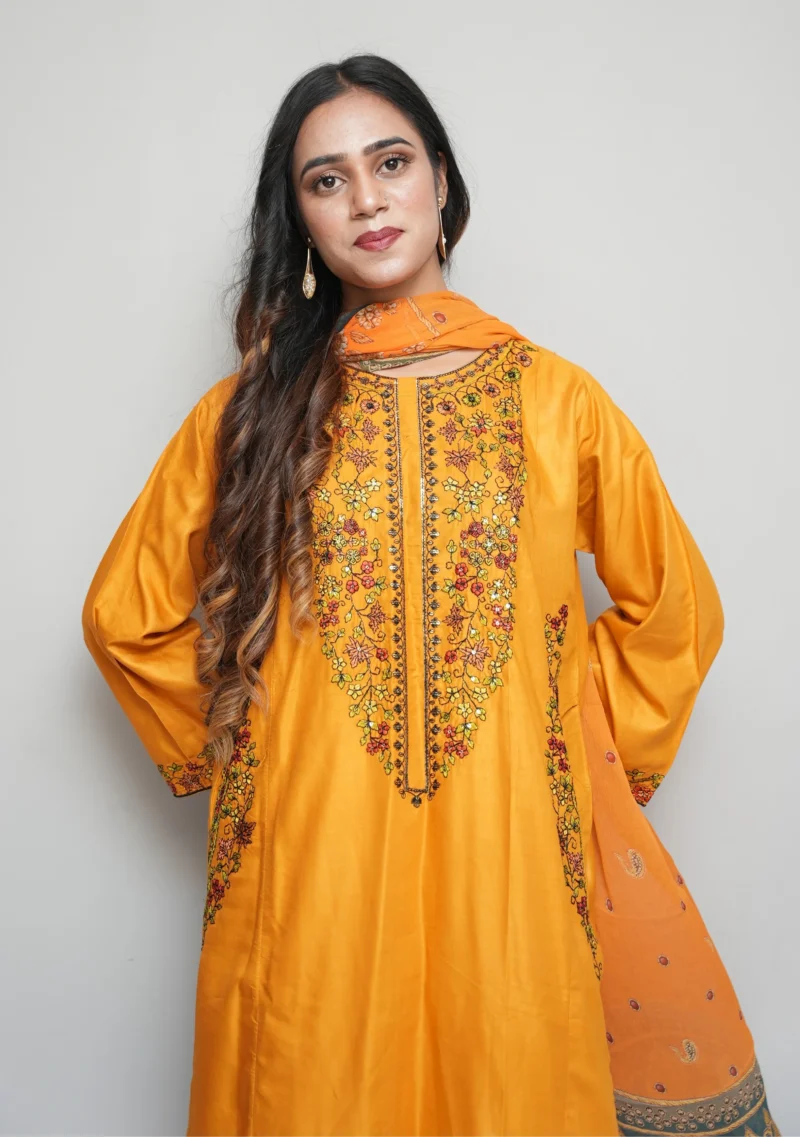 3-Piece Arabic Lawn Suit – Vibrant Orange with Multicolor Embroidery & Chiffon Dupatta