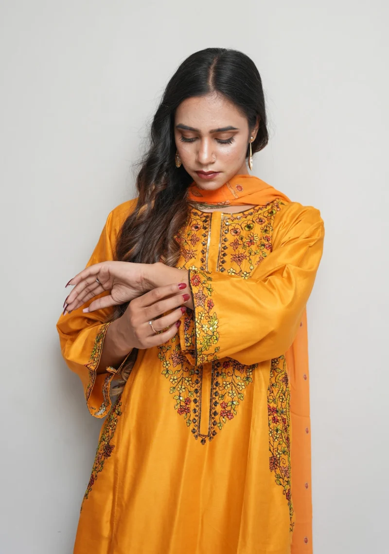 3-Piece Arabic Lawn Suit – Vibrant Orange with Multicolor Embroidery & Chiffon Dupatta - Image 2