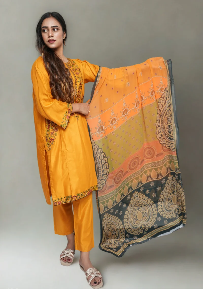 3-Piece Arabic Lawn Suit – Vibrant Orange with Multicolor Embroidery & Chiffon Dupatta - Image 4