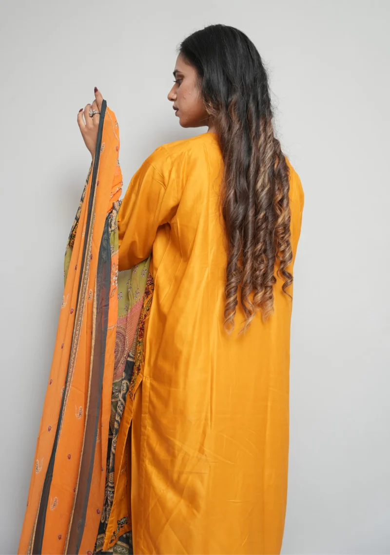 3-Piece Arabic Lawn Suit – Vibrant Orange with Multicolor Embroidery & Chiffon Dupatta - Image 3