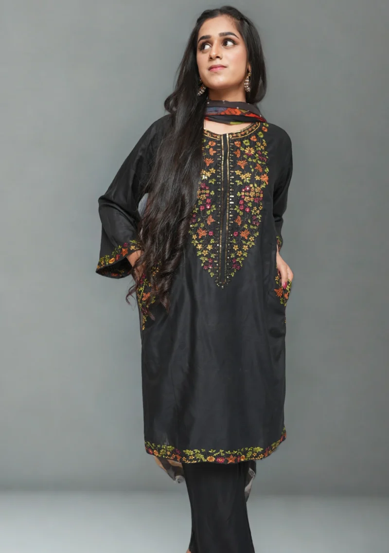 3-Piece Arabic Lawn Suit – Timeless Black with Multicolor Embroidery & Chiffon Dupatta - Image 2