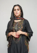 3-Piece Arabic Lawn Suit – Timeless Black with Multicolor Embroidery & Chiffon Dupatta