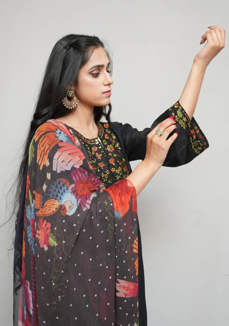3-Piece Arabic Lawn Suit – Timeless Black with Multicolor Embroidery & Chiffon Dupatta - Image 3