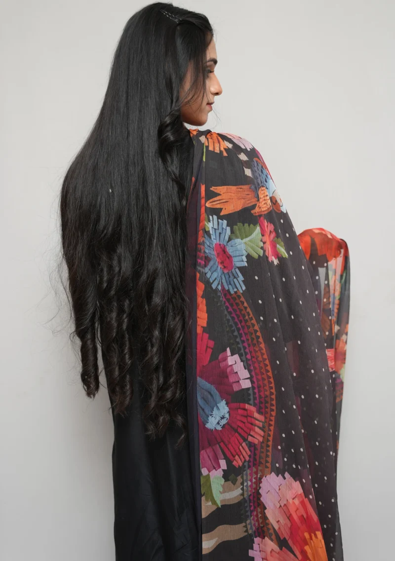 3-Piece Arabic Lawn Suit – Timeless Black with Multicolor Embroidery & Chiffon Dupatta - Image 4