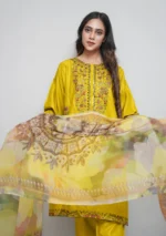 3-Piece Arabic Lawn Suit – Sunshine Yellow with Multicolor Embroidery & Chiffon Dupatta